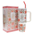 Those Who Trust in the Lord Coral Floral Large Stainless Steel Mug with Handle and Straw